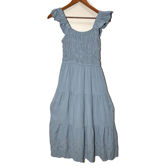 By the River Blue Smocked Tiered Dress Ruffle Straps Eyelet Detail Size Small - Picture 2 of 10